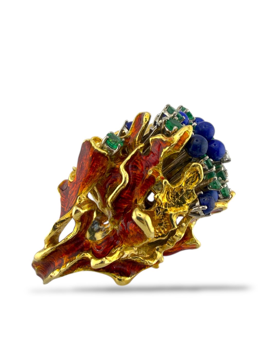 18K Yellow Gold Diamond Emerald Sapphire and Red Enamel Statement Ring