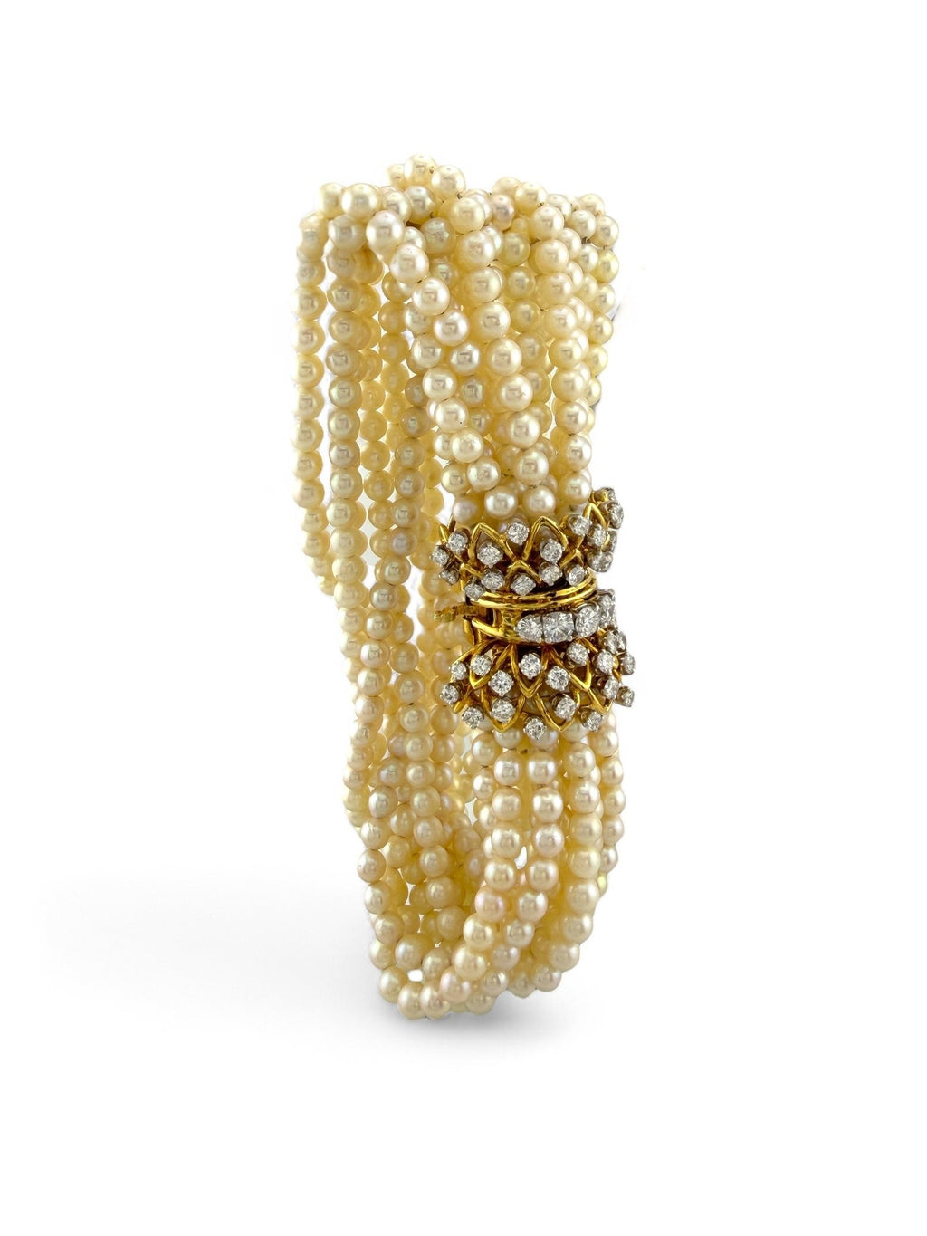 Antique 18K Yellow Gold Multi-Strand Pearl and 4.3ct Diamond Bracelet