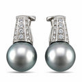 White gold clip-on earrings with round gray Tahitian pearls and diamond halo accents
