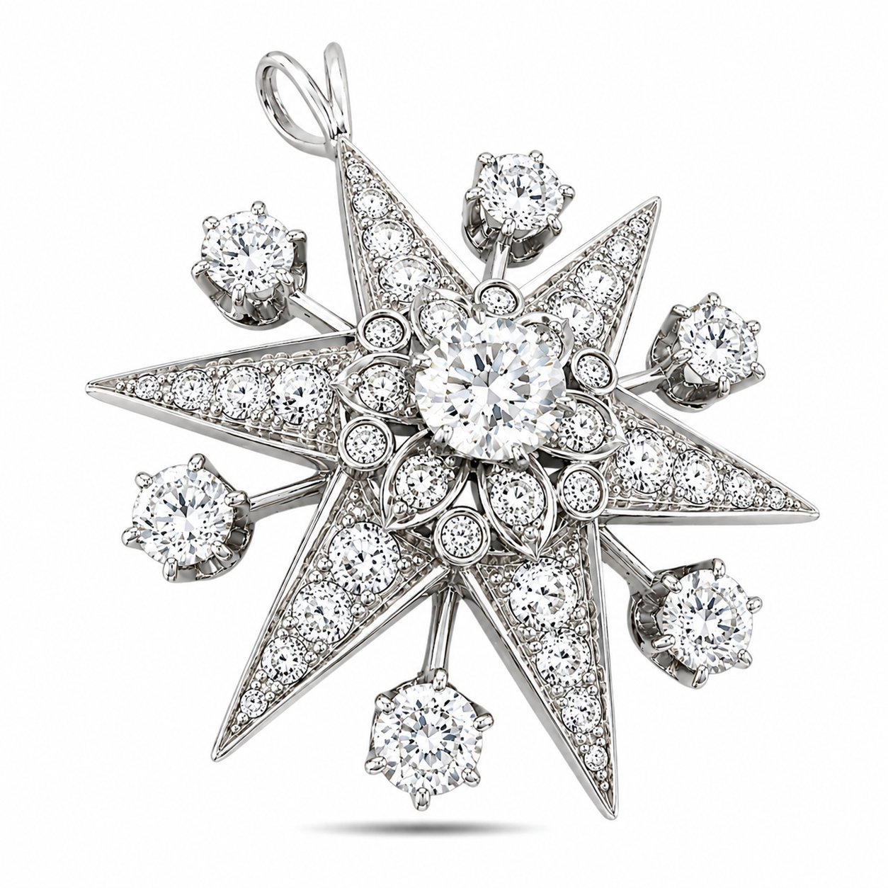 Star diamond pendant with 18K white gold prong-set stones and hanging loop bail