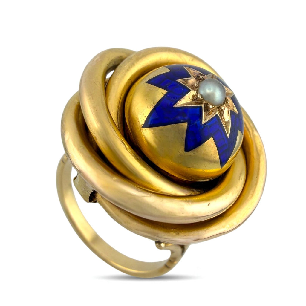14K  Gold Blue Enamel Hidden Locket Compartment Ring