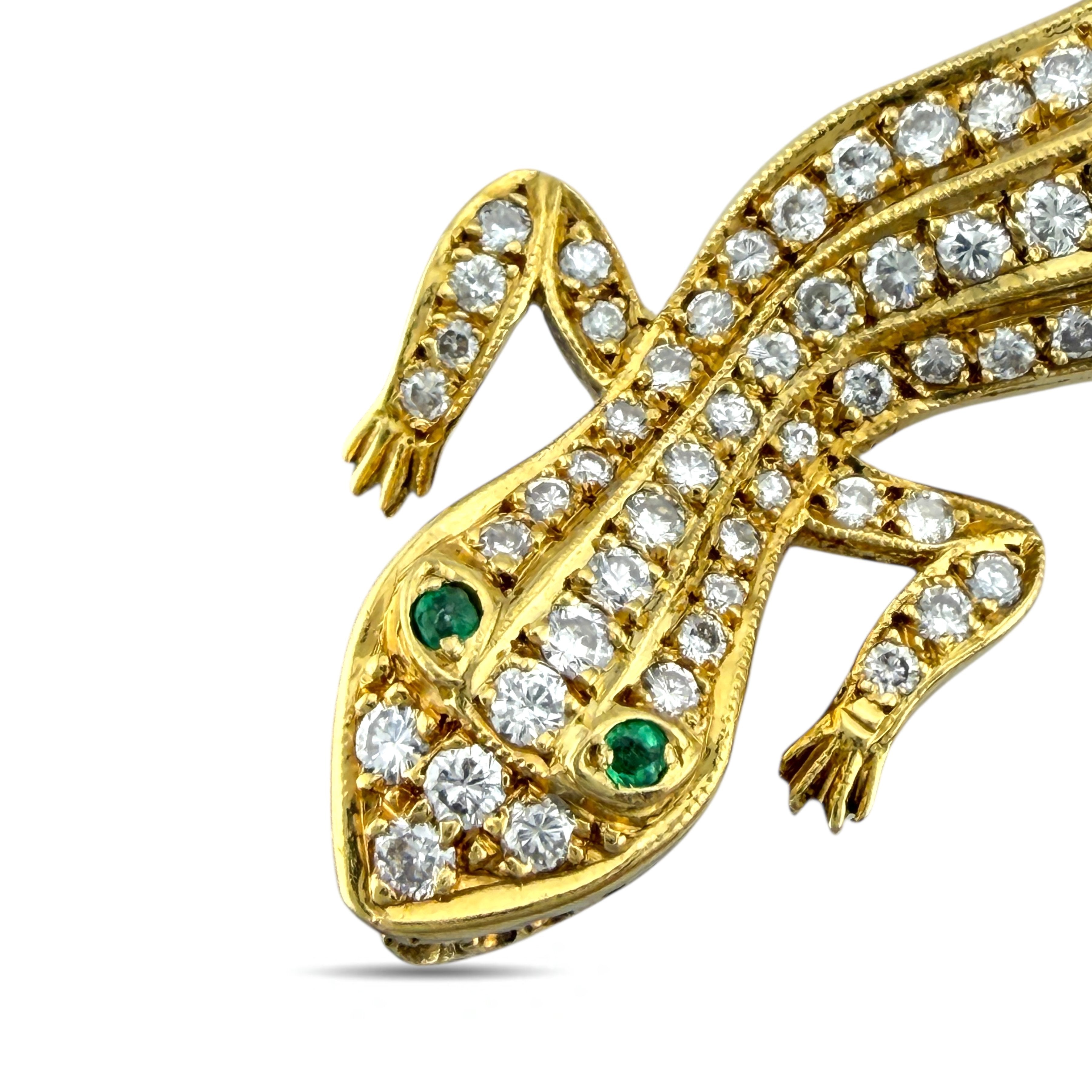Brooch - 18 kt. Yellow gold, Exclusive 18K Yellow Gold 1.41ct Diamond and Emerald Lizard Brooch -  1.41ct. tw. Diamond (Natural)