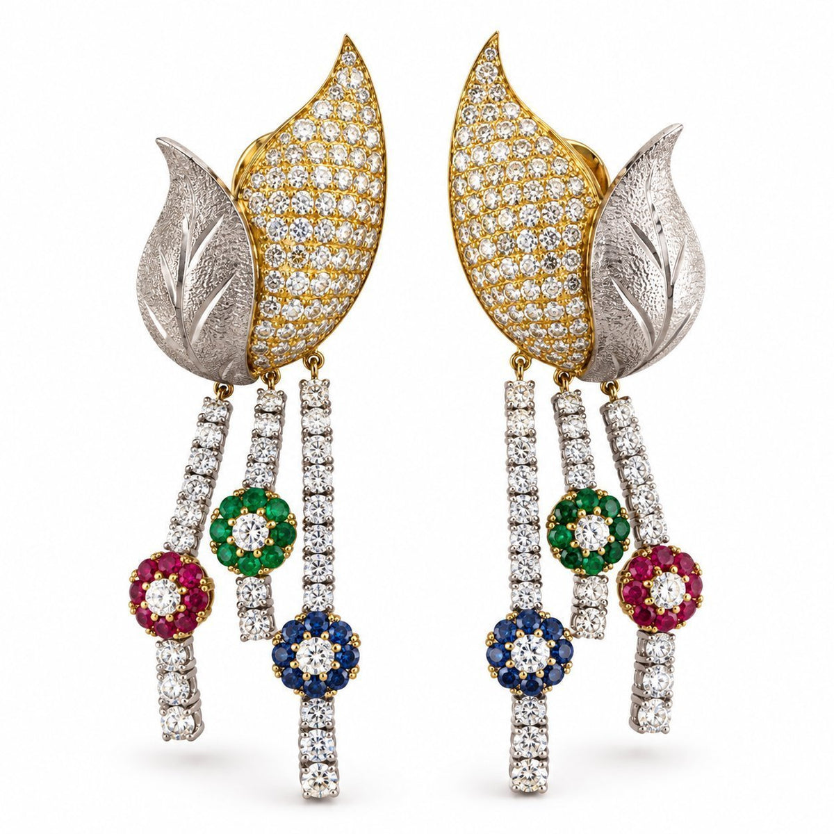 18K yellow gold floral dangle earrings with diamond pavé and sapphire, emerald, ruby drops