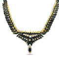 18k yellow gold sapphire necklace with marquise blue stones and round diamond accents, teardrop drop