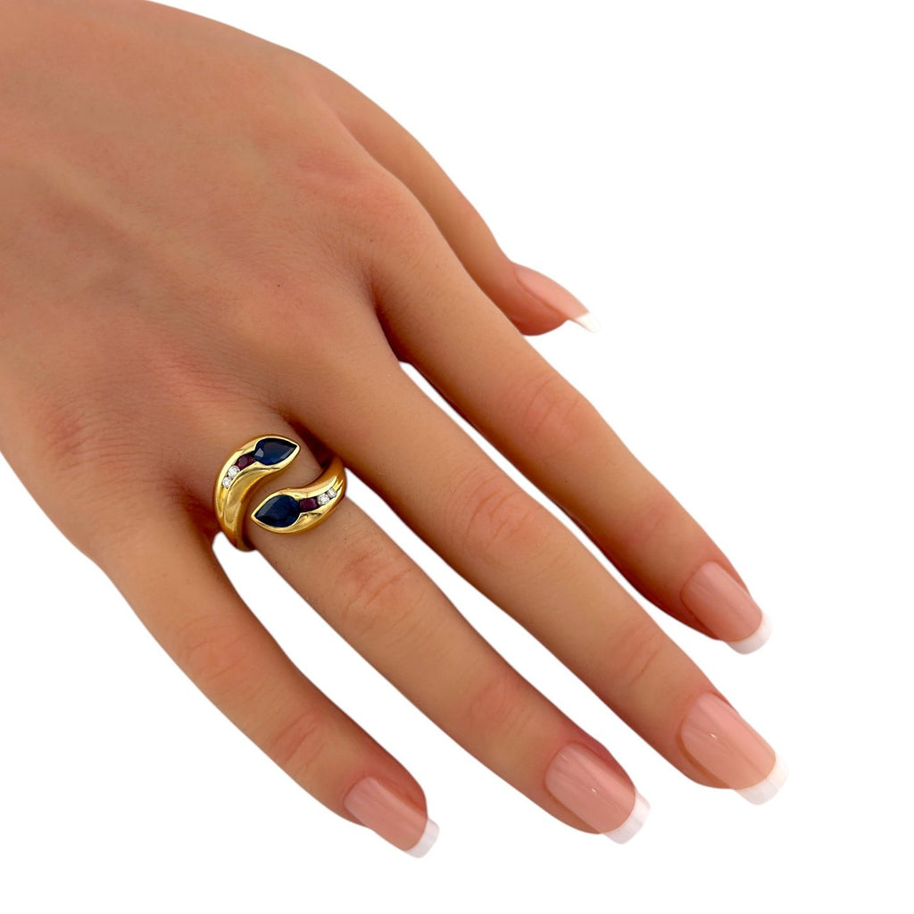 18K Yellow Gold 1.30ct Sapphire Ruby and Diamond Bypass Ring