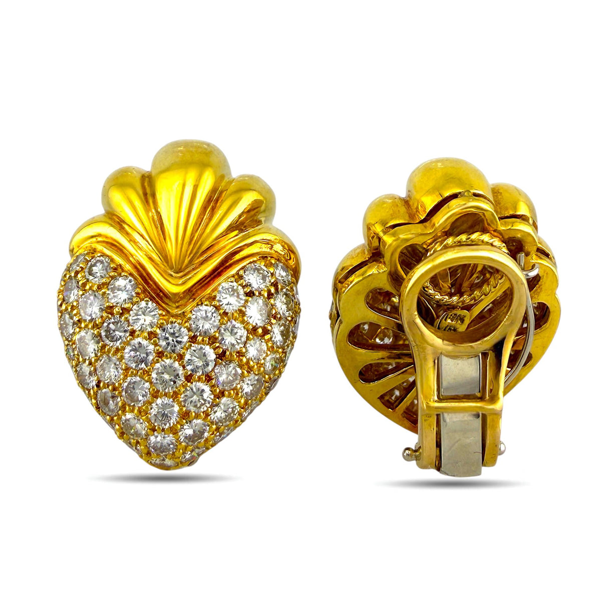 Yellow gold heart stud earrings shown from the back with clasp hardware