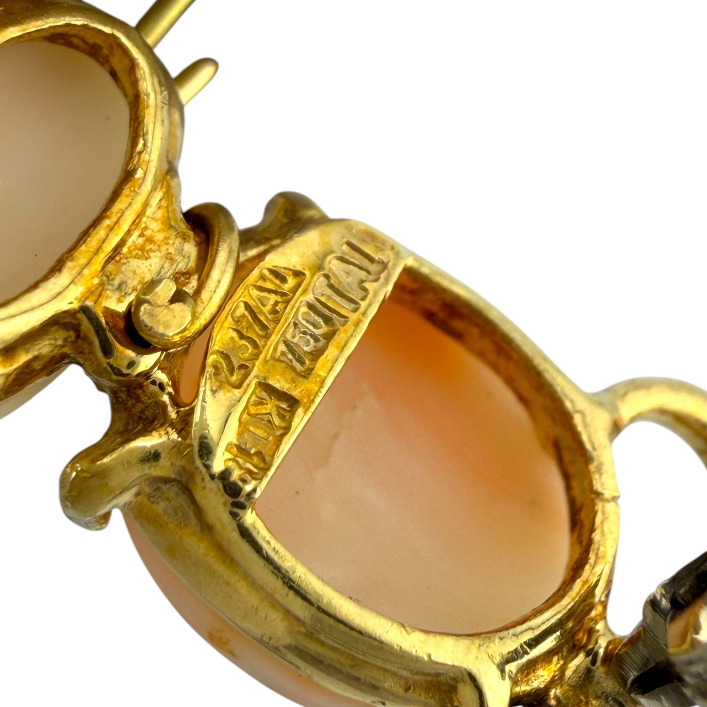 18K Yellow Gold Italian Coral and Ruby Kitten Brooch