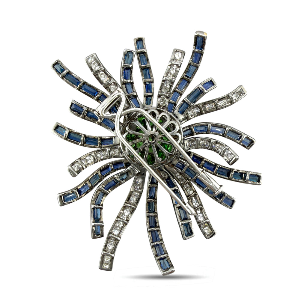 18K White Gold 2.64ct Emerald, 1.64ct Diamond and Sapphire Brooch