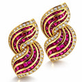 Yellow gold drop earrings with ruby lattice insets and diamond pavé trim