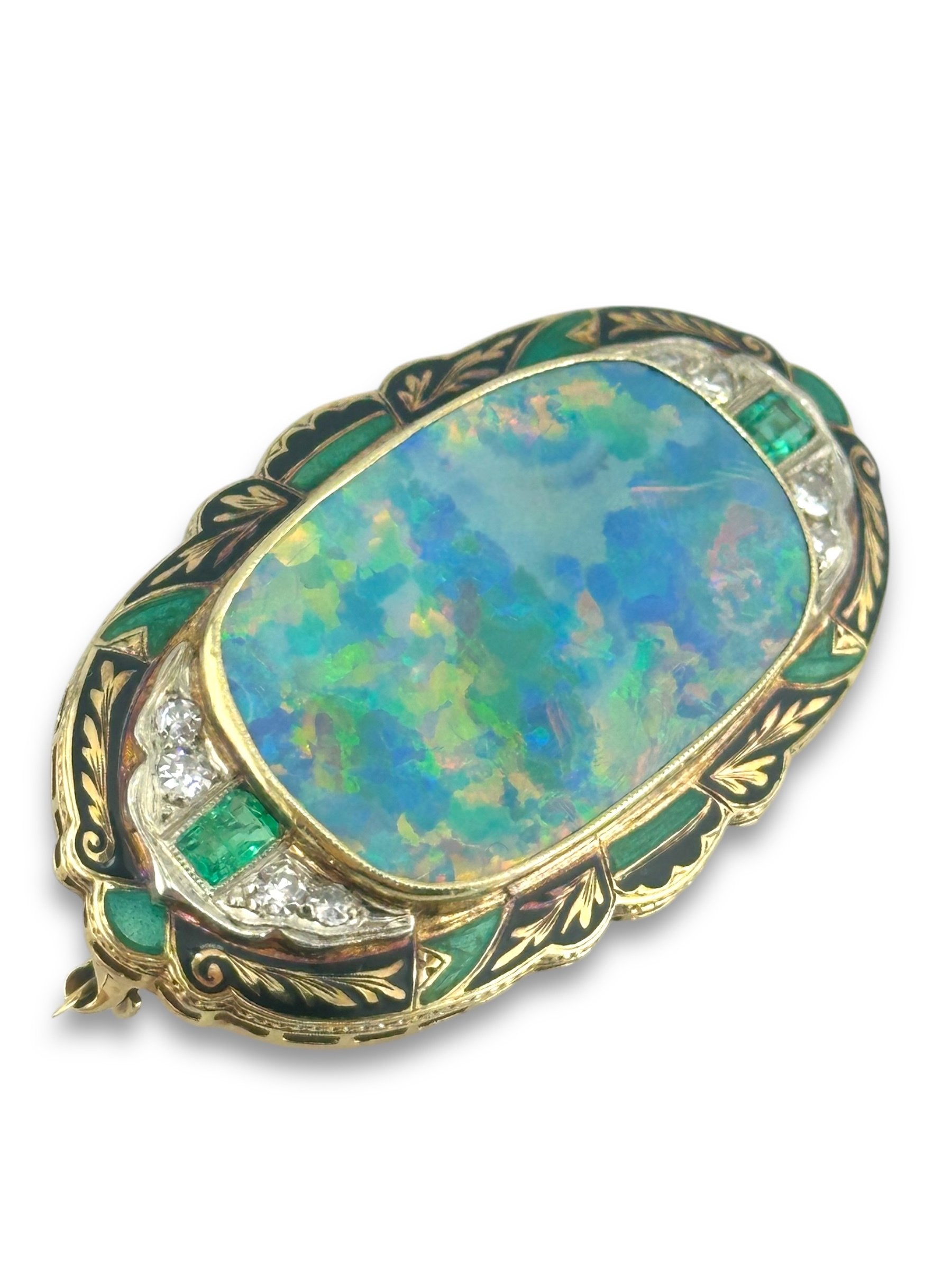 Antique 14K Yellow Gold Large Black Opal Brooch with Diamonds and Emeralds