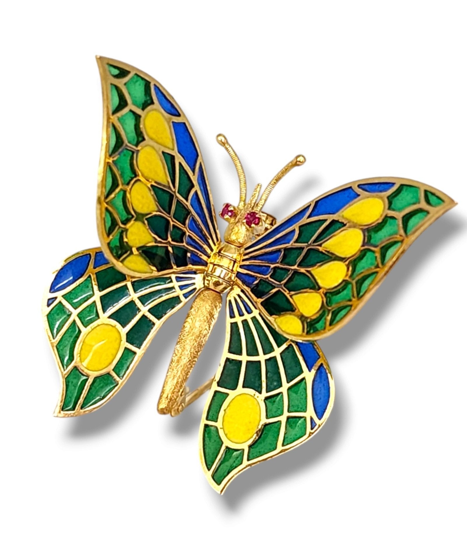 Brooch - 14 kt. Yellow gold, Lovely Rare Gold, Plique-à-jour Enamel &  Diamond Brooch Butterfly