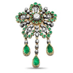 Antique 18K Rose Gold and Silver 1.5ct Diamond and Emerald Brooch