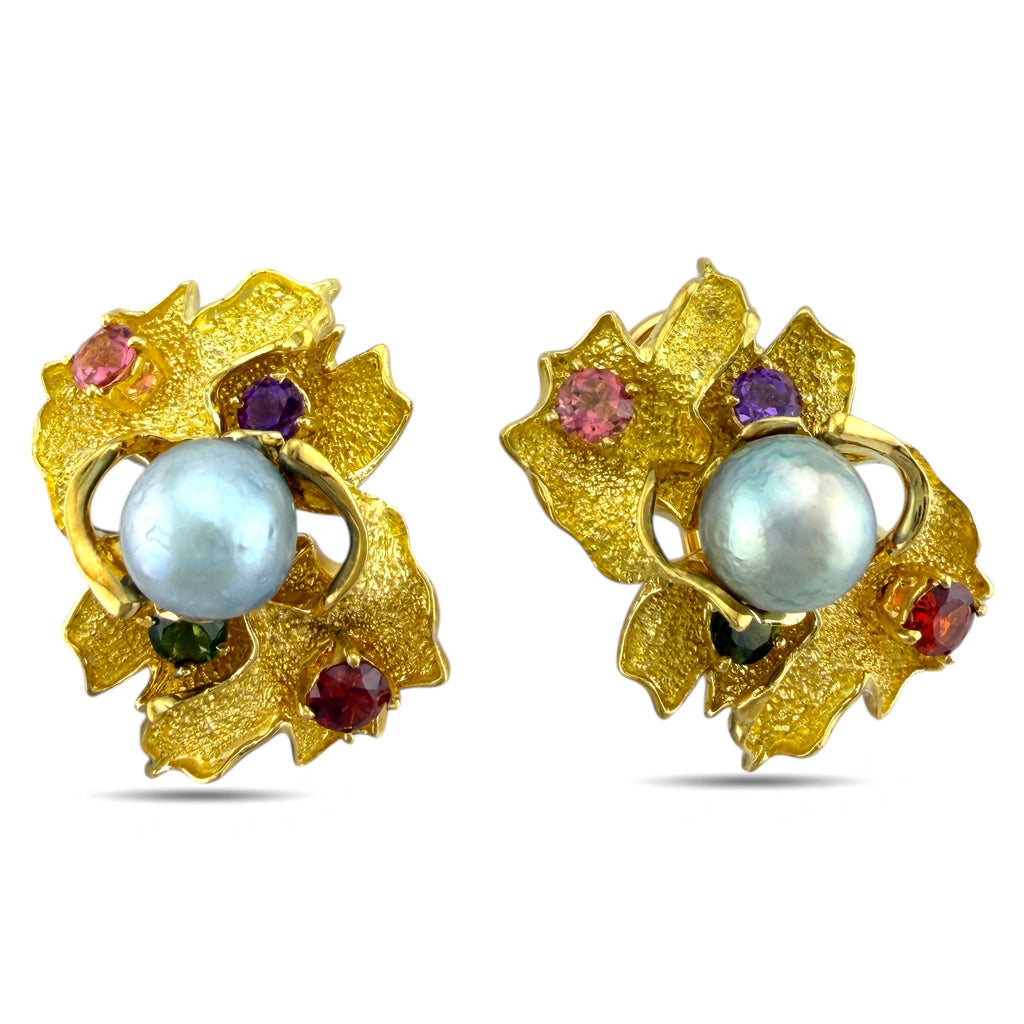 18K Yellow Gold Multi-Gemstone and Pearl Earrings