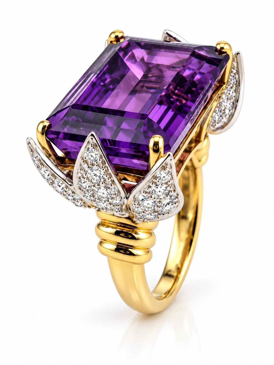18K yellow gold ring with square purple amethyst and diamond accents