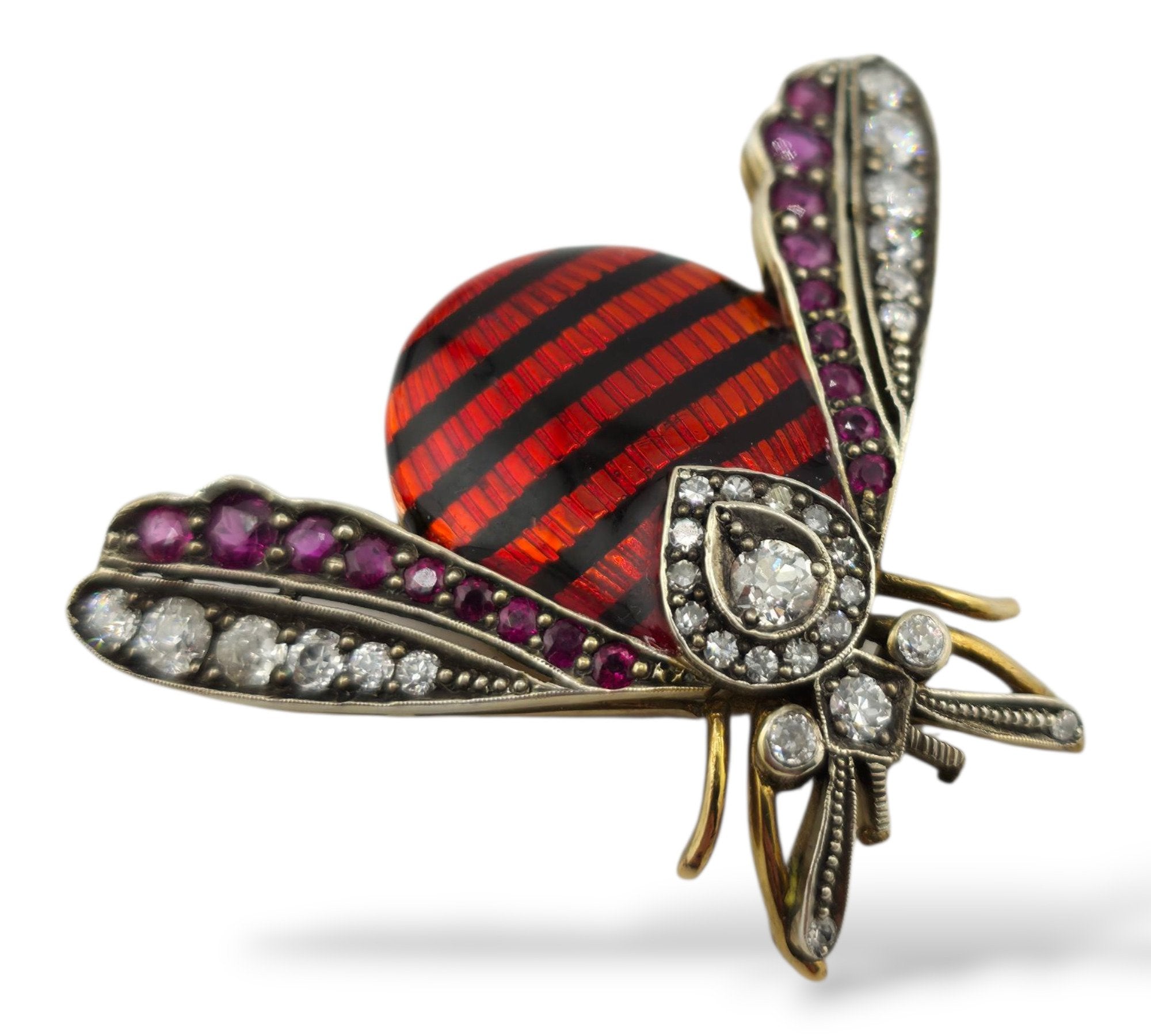 Brooch - 14 kt. Yellow gold, Imperial Russian 56K Gold ( 14k gold) Enamel and Diamond Brooch  Demantoid - Ruby