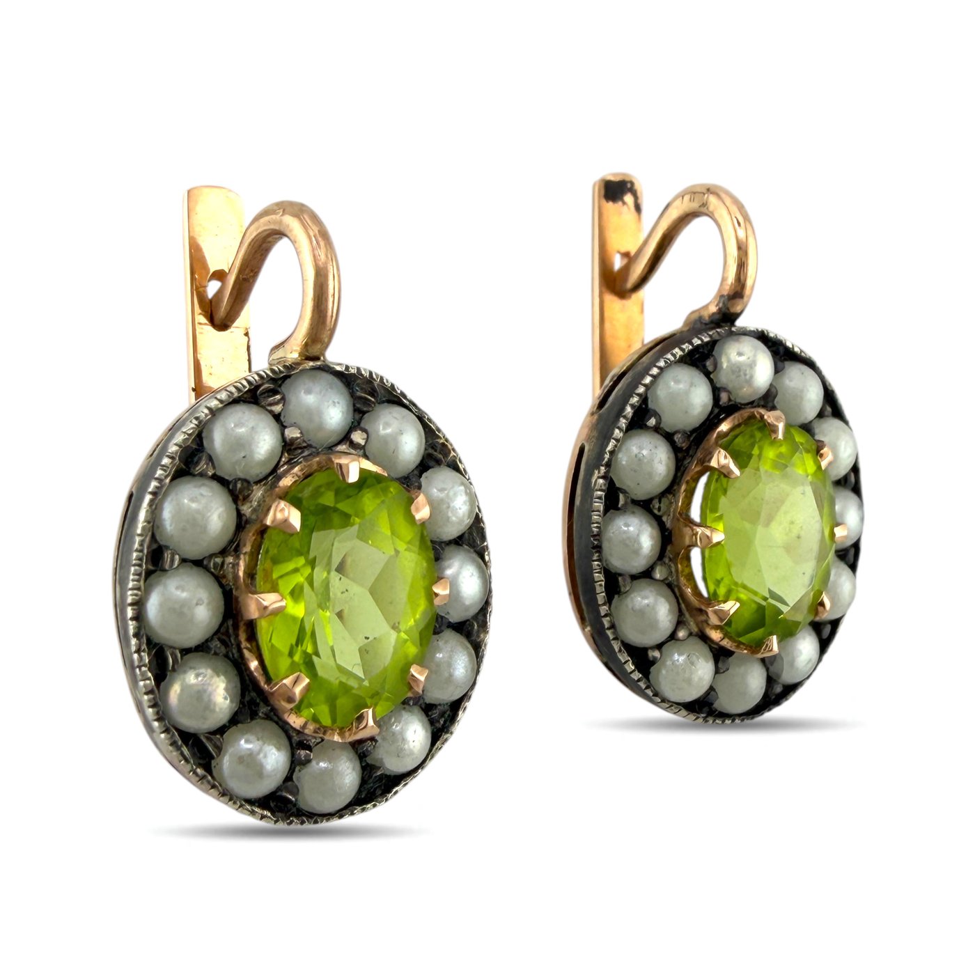 K. Faberge Imperial Russian 14K (56K) Rose Gold 2.40ct Peridot and Pearl Earrings