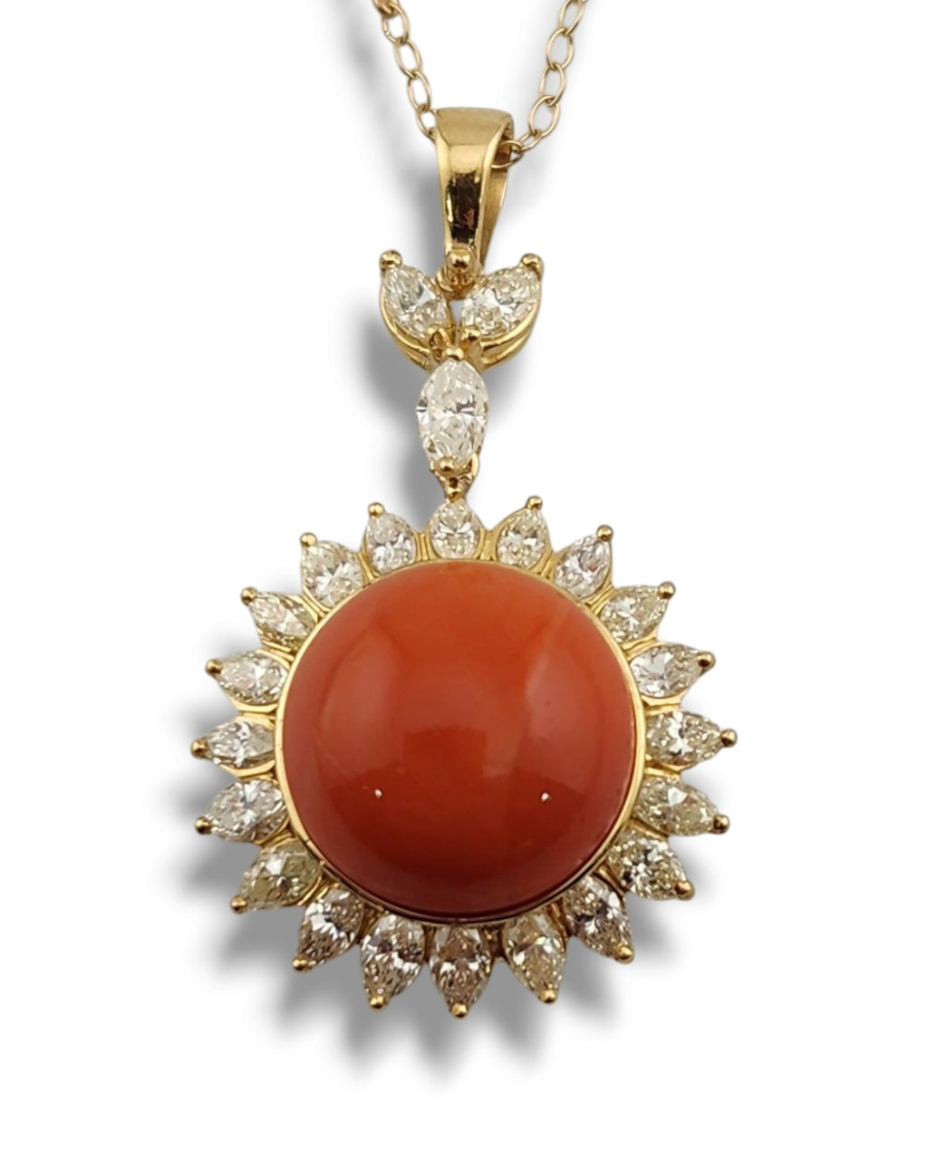 Women’s 18K Gold Necklace with Large Coral and Marquise Cut Diamonds