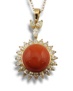 Women’s 18K Gold Necklace with Large Coral and Marquise Cut Diamonds