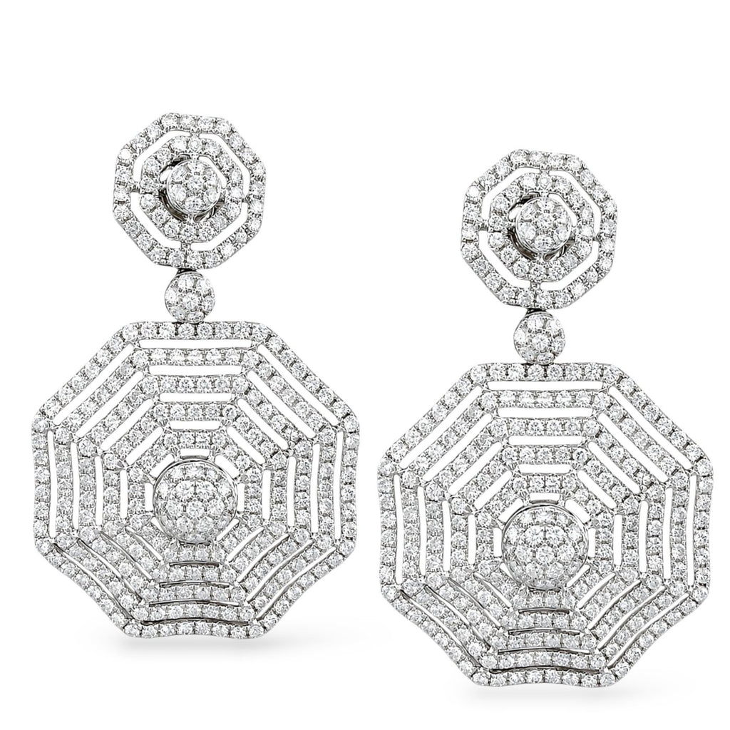 Octagon drop diamond earrings with round center medallion and striped halo rows