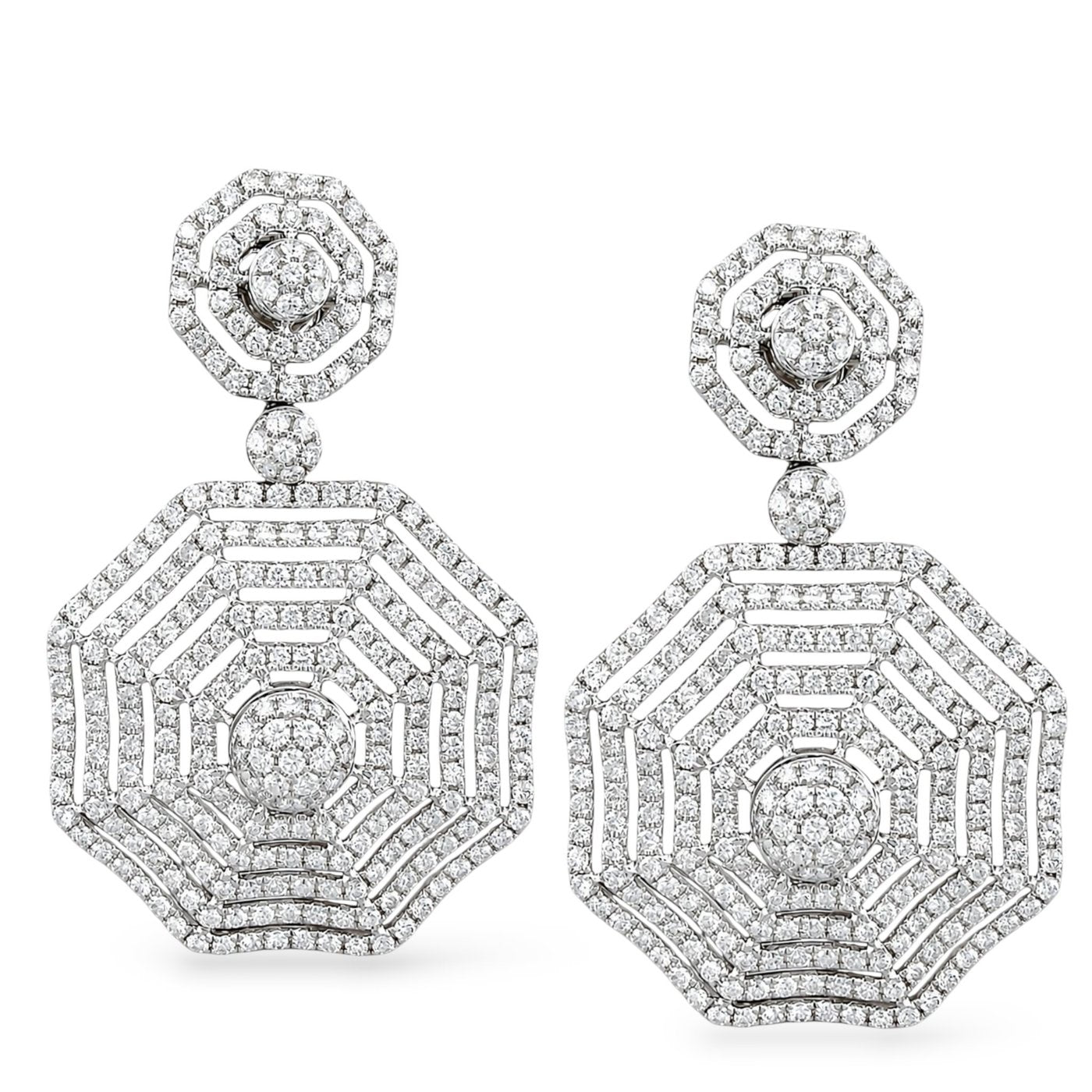 Octagon drop diamond earrings with round center medallion and striped halo rows