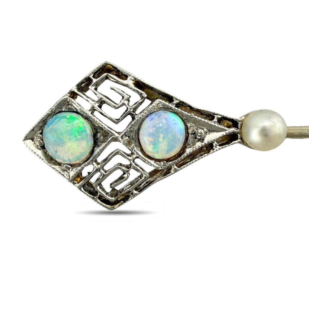 14K Yellow Gold Opal and Pearl Long Pin Brooch