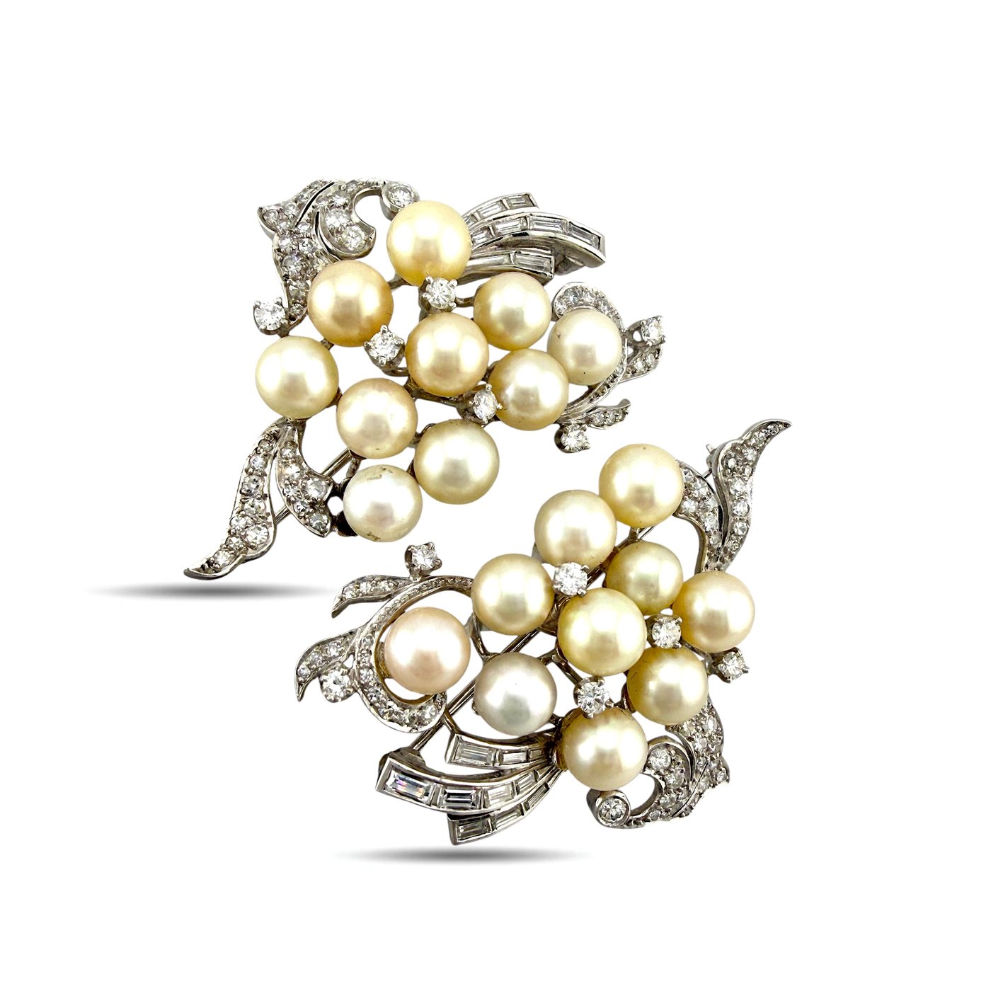 Pair of Platinum Pearl and 3.36ct Diamond Inverse Design Brooches