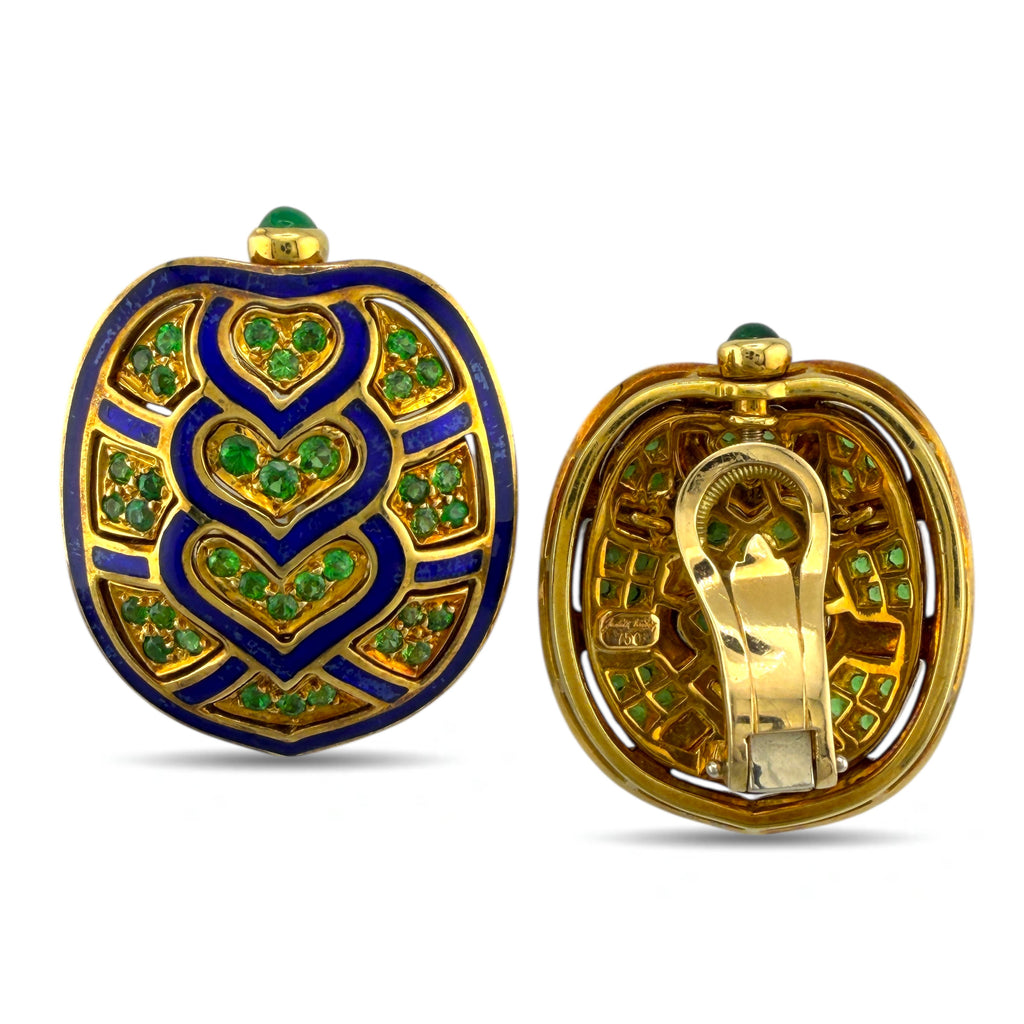 Judith Leiber 18K Yellow Gold 0.85ct Emerald and Blue Enamel Earrings