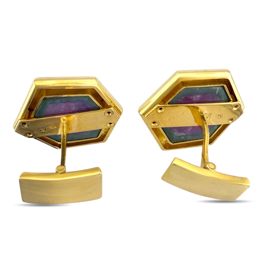 18K Yellow Gold Cufflinks with Trapiche Ruby and Amethyst