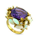 18K Yellow Gold 12.00ct Amethyst  0.20ct Diamond & Marquise Cut Opal Ring