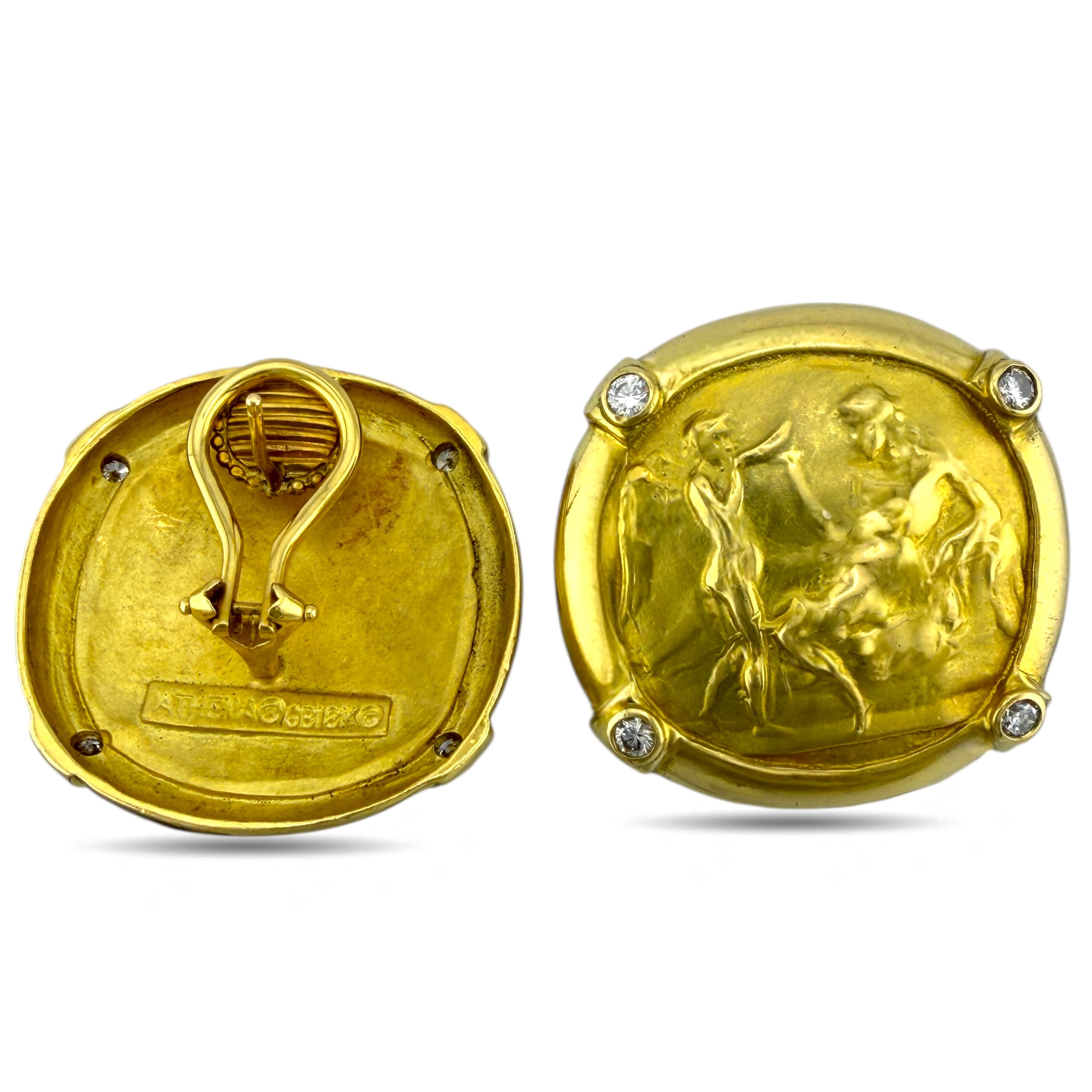 18K Yellow Gold 0.32ct Diamond Athena-Stamped Greek Deity Clip-On Earrings
