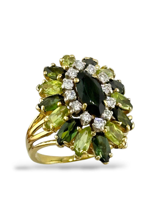 18K Yellow Gold Diamond, Tourmaline & Peridot Cluster Ring