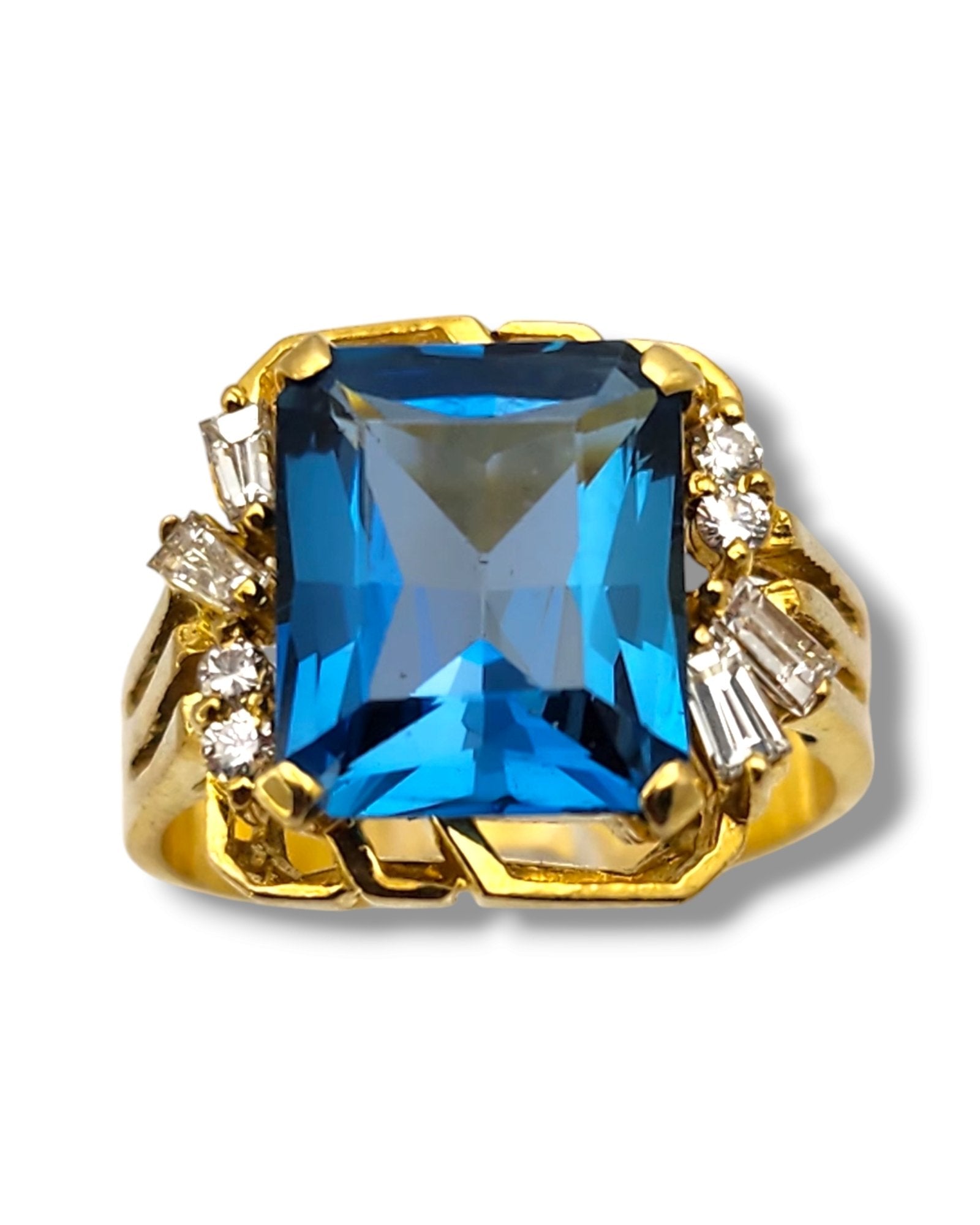 14K Yellow Gold Emerald Cut Blue Topaz with 0.44ct Halo Diamond Cocktail Ring