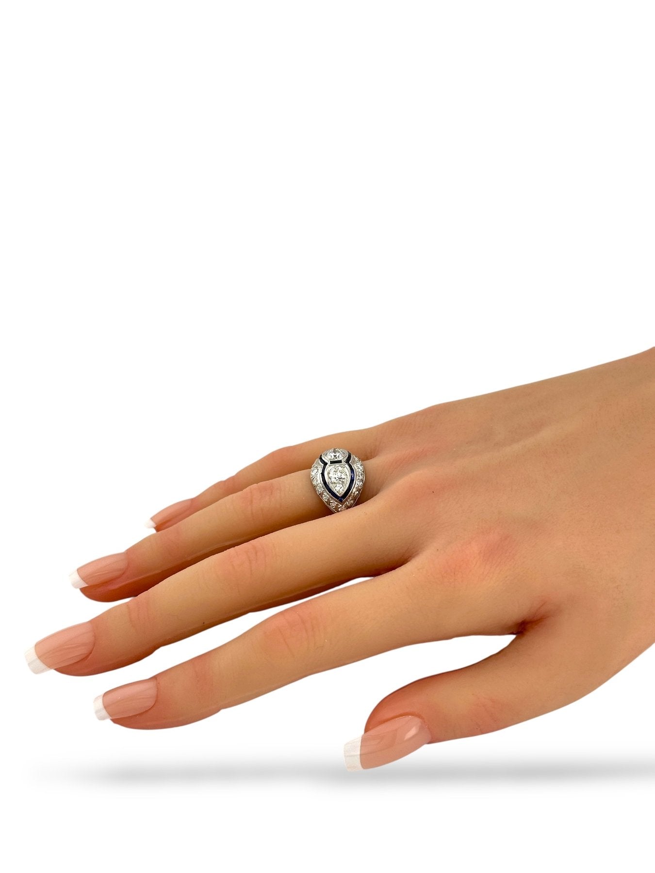 Platinum Art Deco Ring with 1.60 Carats of Diamonds and French-Cut Sapphires