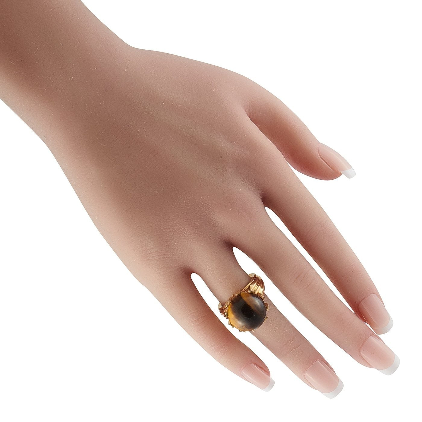 18K yellow gold tiger’s eye ring with round cabochon and slim polished shank