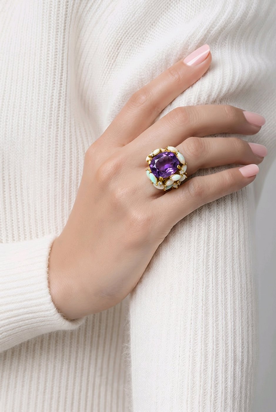 18K Yellow Gold 12.00ct Amethyst  0.20ct Diamond & Marquise Cut Opal Ring