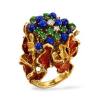 18K Yellow Gold Diamond Emerald Sapphire and Red Enamel Statement Ring