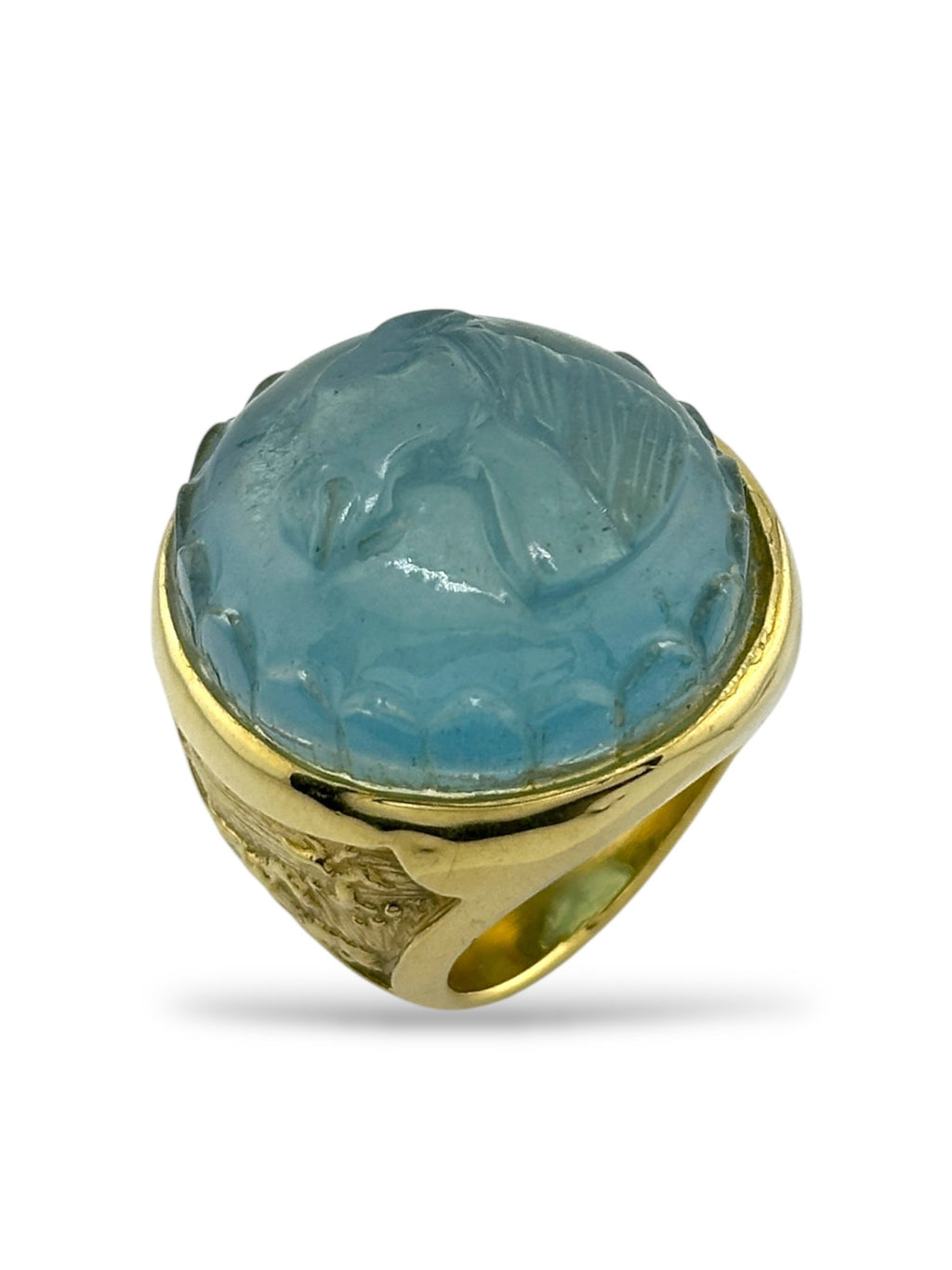 18K Gold Ring with Large Light Blue Horse Engraved Aquamarine