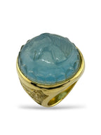 18K Gold Ring with Large Light Blue Horse Engraved Aquamarine