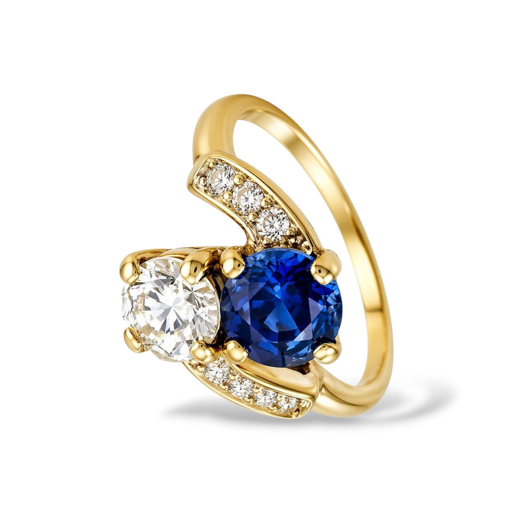 18K Yellow Gold 0.65ct Sapphire and 0.7ct Diamond Bypass Ring