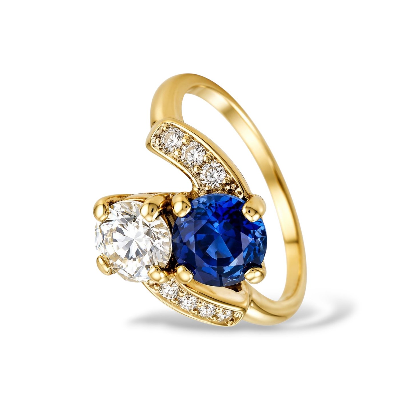 18K Yellow Gold 0.65ct Sapphire and 0.7ct Diamond Bypass Ring