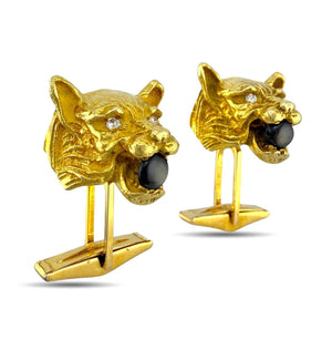 14K Yellow Gold Smoky Star Quartz and Diamond Panther Cufflinks