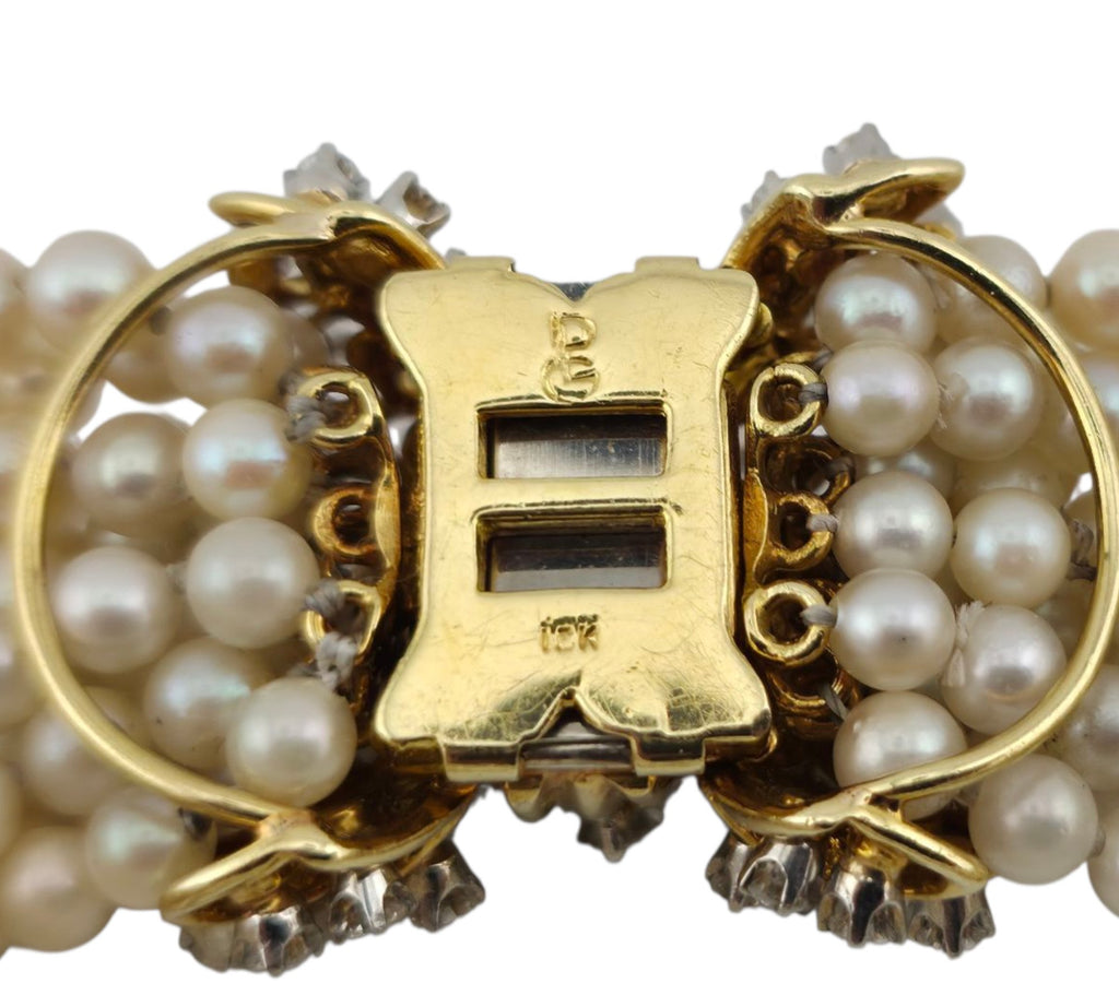 Antique 18K Yellow Gold Multi-Strand Pearl and 4.3ct Diamond Bracelet