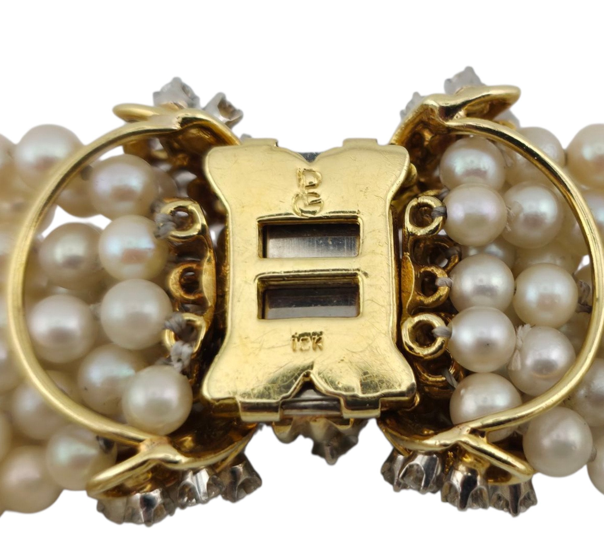 Antique 18K Yellow Gold Multi-Strand Pearl and 4.3ct Diamond Bracelet