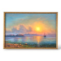 Framed seascape oil painting with sailboat at sunset and pastel clouds