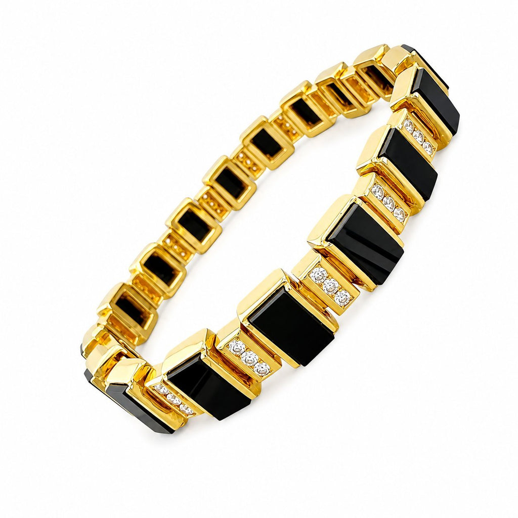 Angled gold bracelet with black gemstone square links and diamond side detailing