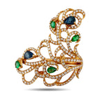18K Rose Gold 1.92ct Diamond, Emerald and Blue Sapphire Branch Ring