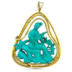 Chinese 14K Yellow Gold Turquoise Carved Asian Woman Pendant