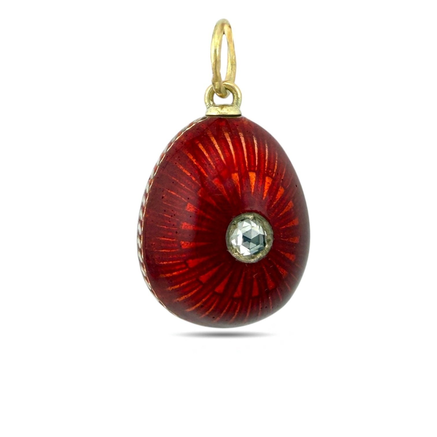 Antique Russian Faberge 56K Yellow Gold Red and White Enamel 0.2ct Diamond Egg Pendant