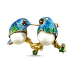 18K Yellow Gold Enamel Pearl Ruby and Emerald Bird Brooch