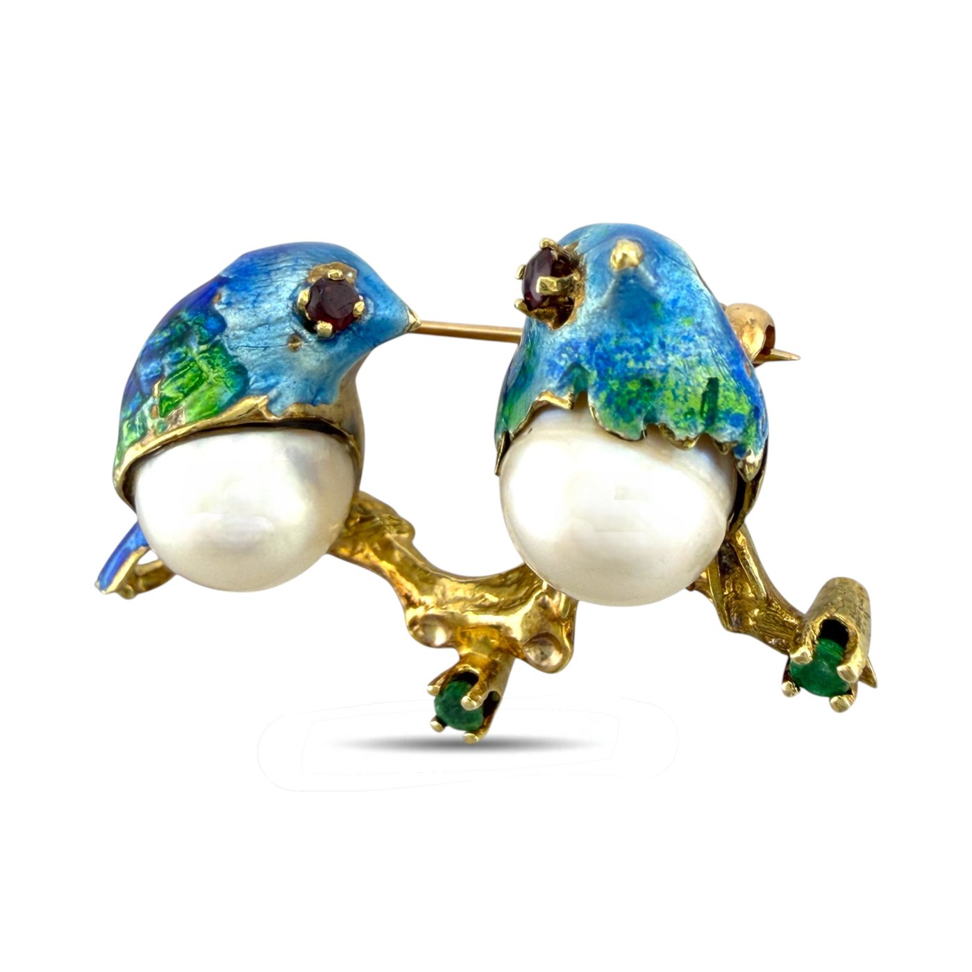 18K Yellow Gold Enamel Pearl Ruby and Emerald Bird Brooch